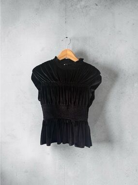 Sandro Black Velvet Smocked Peplum Blouse